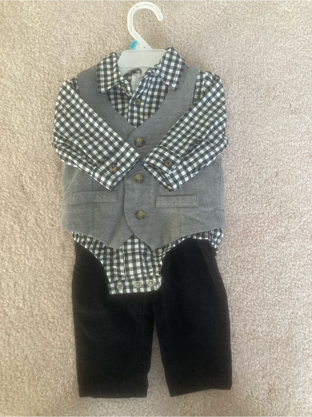 Baby Boys 3-Piece Gray Vest Plaid Shirt & Pants Outfit - 6 months